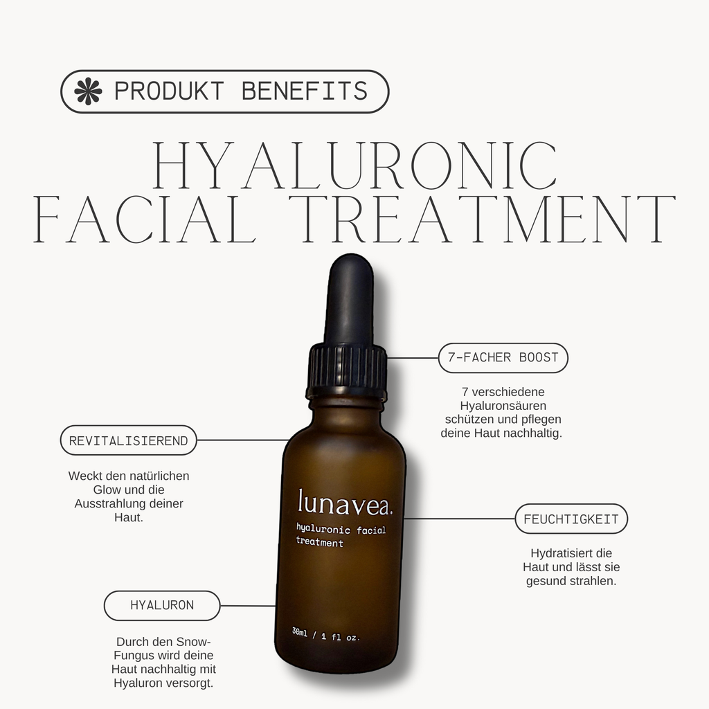 Die Bullet-Points des lunavea. Hyaluronic Facial Treatments auf einem Bild zusammengefasst.