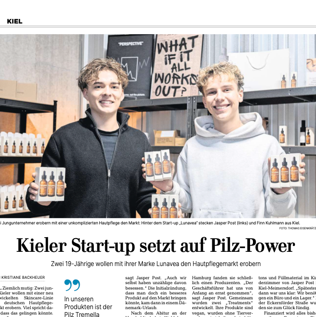 EIn Ausschnitt aus den Kieler Nachrichten vom 16.01. Der Artikel erzählt über lunavea. als Kieler Start-Up