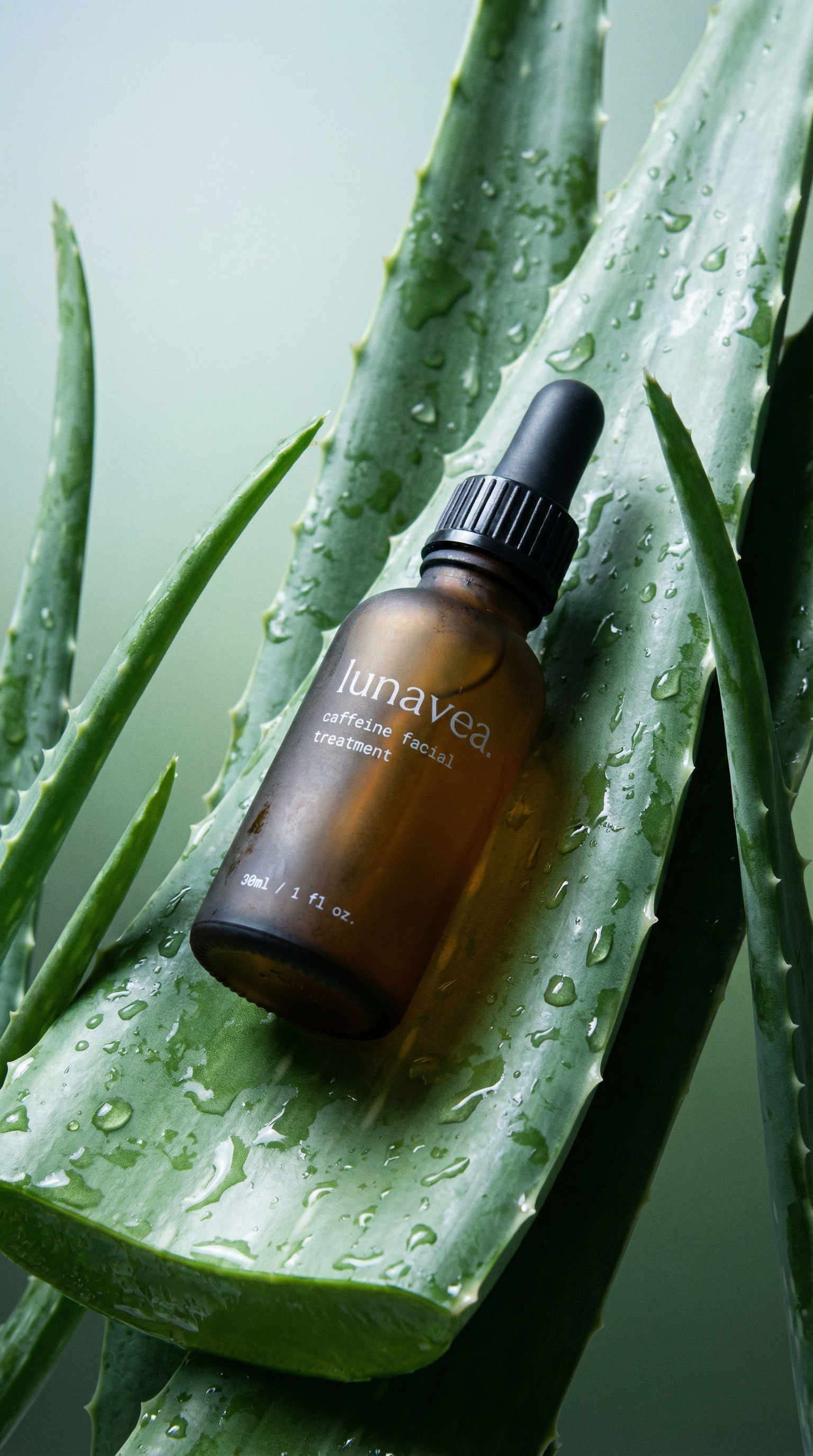 Koffein-Gesichtsserum auf einem frischen Aloe-Vera-Blatt, natürliche Hautpflege für strahlende Haut